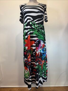 Lace Zebra & Tropical Print Maxi Dress | Cold Shoulder | Fits Medium